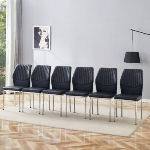 Luxury Simple Chair - Set of 6 BLACK PU Material High Resilience Dining Chair with Metal Silver Leg.The Chair Back Has a Vertical Stripe Design With Smooth And Uniform Lines.