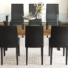 Table and chair set.79"x31.5" Inch Tempered Glass Tabletop With X-shaped Black Metal Table Legs,Wood Grain Textured MDF Crossbeam.Paired With 8 Black PU Dining Chairs, Simple And Versatile.