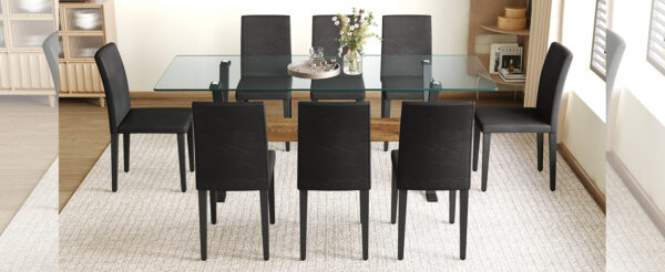 8aedcc03fded4e6980ea833cd9ede0d2_82ec1f1f967025a3c4292a859ba4934c Table and chair set.79"x31.5" Inch Tempered Glass Tabletop With X-shaped Black Metal Table Legs,Wood Grain Textured MDF Crossbeam.Paired With 8 Black PU Dining Chairs, Simple And Versatile.