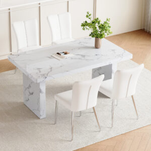 Table and chair set.63"*35.4" White Imitation Marble Pattern MDF Dining Table Set - 4 White PU Chairs with a vertical stripe design on the backrest.Create Your Exclusive Low-Key Luxury Space.