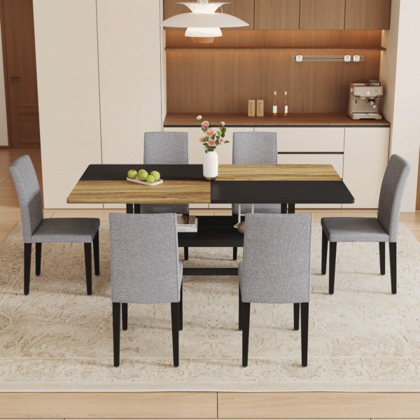 Table and chair set.71*35.4 inch Wooden And Black Spliced Dining Table With Storage Function In The Middle Of The Table Legs.Paired With 6 Light Gray Linen-Cotton Dining Chairs, Simple And Versatile.