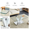 Modern minimalist coffee table. Transparent tempered glass tabletop with silver MDF pillars. Suitable for living room and dining room
