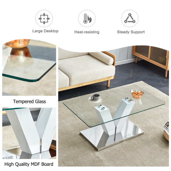8b3b21704bd742f5ad14279cb1a2172f_20240206_86a7829c2dca1fd7c367d510be238c44 Modern minimalist coffee table. Transparent tempered glass tabletop with silver MDF pillars. Suitable for living room and dining room
