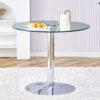 A 35-inch diameter glass top and a modern, minimalist round dining table with silver metal legs. Ideal for dining rooms, living rooms and meeting rooms.