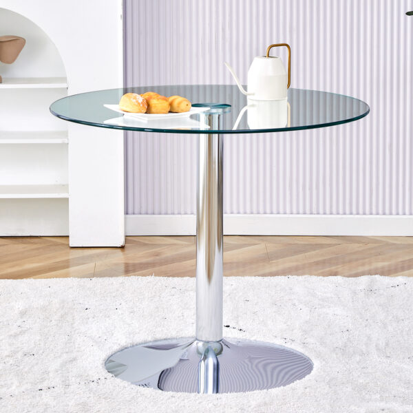8b58c5e9870842eb99cc1b7e7dc56bf5_20240320_71a5dcd9578d43ed5ed2a64e55d022a6 A 35-inch diameter glass top and a modern, minimalist round dining table with silver metal legs. Ideal for dining rooms, living rooms and meeting rooms.