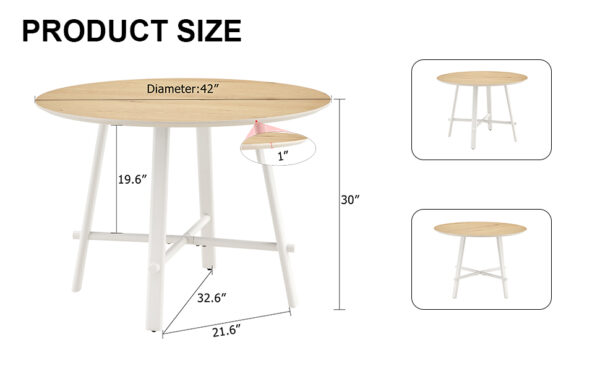 8b5bbf3f41704e55b7255a5c250f39b5_c83fd2a54f05287e1fd735fa6e7bb519 A modern and minimalist circular dining table with a 42 inch diameter wood colorer patterned tabletop and white metal legs. Suitable for restaurants, living rooms, and conference rooms.