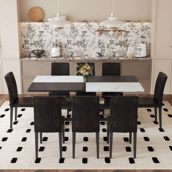 8b6358fe69164fde8f1351c449d0ffc0_03c77b355240a9410a65f865cd39a626 Table and chair set.71*35.4 inch White And Black Spliced Dining Table With Storage Function In The Middle Of The Table Legs.Paired With 8 Black PU Dining Chairs, Simple And Versatile.