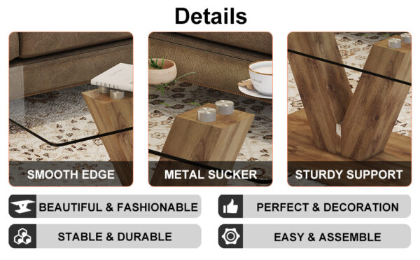8b6d9c9dca2c481f94b074b48445e9b1_20240321_38ecd7ee3ee510cc4e5ac470a40c3275 A modern minimalist style coffee table. Transparent tempered glass tabletop with wooden MDF columns. Suitable for living room and dining room. CT-V