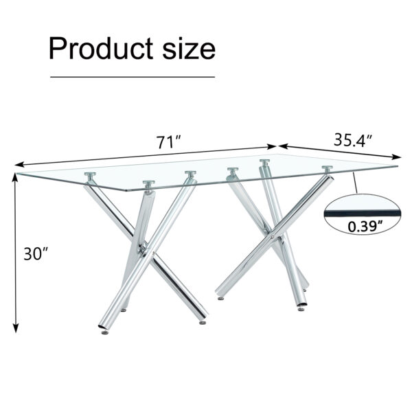 8b7f3485cdb144279478c3bc4d83c58a_8d9d5301d6ef0557960bf2be6efd2408 Large Modern Rectangular Glass Dining Table for 6-8 with 0.39" Tempered Glass Tabletop and Silver Chrome Metal Legs, for Kitchen.Tempered Glass Tabletop,Double Fork Metal Legs.W1151S03321