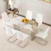 Table and chair set.63*31.4 Inch Pandora Patterned Sintered Stone Dining Table Set - 6 White Chairs With Silver Metal Legs.Modern Light Luxury.Perfect For Dinner Room,Meeting Room,Kitchen,etc.