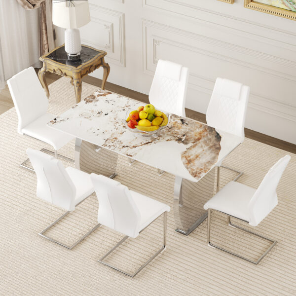 8b9e58f2541440f4a2d17a357fe0cbe5_c0a84a45546bd7a0349ca479ea88b5d6 Table and chair set.63*31.4 Inch Pandora Patterned Sintered Stone Dining Table Set - 6 White Chairs With Silver Metal Legs.Modern Light Luxury.Perfect For Dinner Room,Meeting Room,Kitchen,etc.