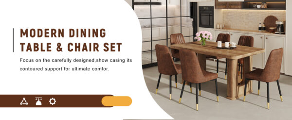 8bb282d0fa324ac6a3e8332a1f5194ff_f85fd877081ddfbcfc809629abbc3148 Table and chair set.64.5 x 35.4 Inch Stylish Wood Color Textured Dining Table.Paried With 6 BrownTechnology-Fabric Dining Chairs.Suitable for kitchen,Dining room,etc.