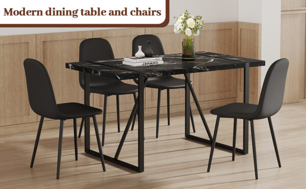 8bb810bac313428fb5d023cdec187431_ec16caecf2c7d366c53d65881330615a Table and chair set.Modern Black Marble Pattern MDF Dining Set - 55"x31.4" with 4 Cat Claw PU Chairs.Modern Mid-Century Style Upholstered Side Chairs,Spoon Shaped Chairs.Four Chairs per Box.