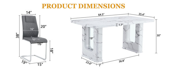 8bc1b239fa8847e5b4b38af7c752f29c_b7e22926a9fc577aa2db077a37d7d139 Table and chair set.64.5 x 35.4 Inch Stylish White Marble Textured Dining Table,Perfectly Blending Simplicity And Transparency.Paried With 4 Dark Gray High-quality PU Chairs With Arched Metal Legs.