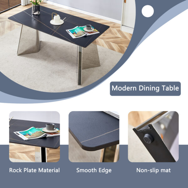 8bc2529e56b343fda853d7eb604eadbf_5ad440c6f36ee03d00ff02b4acb4dd0a 63"x31.5x30" Black Marble-Patterned Slab Dining Table with Stainless Steel Butterfly Legs.The tabletop is designed to be scratch and heat resistant.Slabs Tabletop,Stainless Steels Legs.