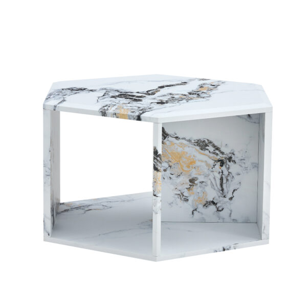 8bf51c742ba7430da3c2b0381e9c50ff_8e8bdae7bc956d06d2a0a57d8dec559b Hexagonal MDF coffee table, characteristic pattern stickers, multi-hole design to give more storage space, simple and convenient design makes it suitable for all kinds of style scenes.