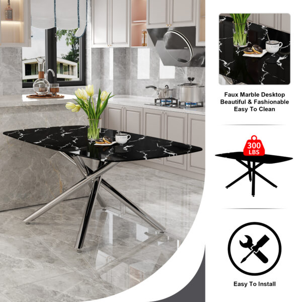 8c2a7538d61b43aeb59c2061005da767_ea61a855b5e48a704f9dcd714cab8312 Large modern minimalist rectangular dining table with 0.39 "imitation marble black tabletop and silver metal legs, suitable for kitchen, dining room, living room, conference room.W1151S00985