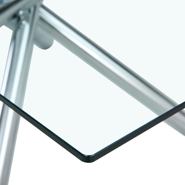 8c311dd0282348f687841163a1f5d7df_52ca6ca4fbec6c7406b2e1ec68e963c1 Table and chair set.Modern Luxurious Transparent Tempered Glass Dining Table Set with 6 Chairs.Single fork silver metal table legs.White high-quality PU dining chairs with silver metal legs.