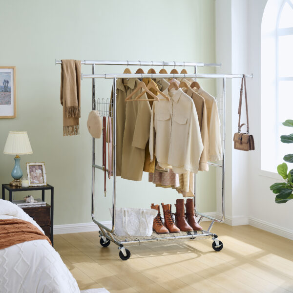 8c3c7002b62b40b1a6b867e347b14eb3_7b63a855b8f376b953e3c1f8c358aadb Double Clothing Garment Rack with Shelves Capacity 800lbs Clothing Racks on Wheels Rolling Clothes Rack for Hanging Clothes Heavy Duty Portable Collapsible Commercial Garment Rack
