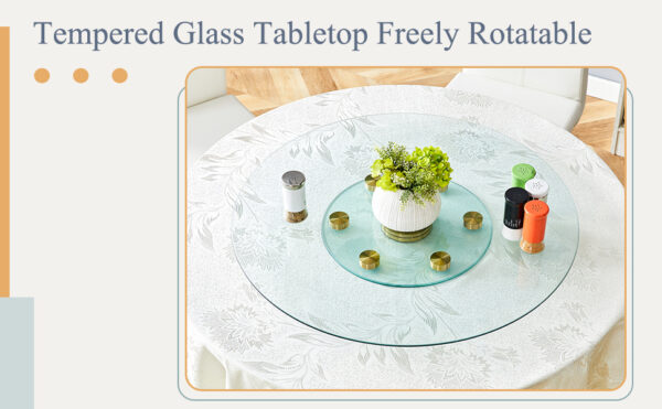 8c3e45f3a7594d64a46cdf1cddfdd986_53aa6293cfb5f6c1d0dc9731a73711e1 Double layer rotatable round glass.The rotatable design makes it more convenient to retrieve and place items.The upper glass has a diameter of 30.3 inches, while the lower glass15 inches.