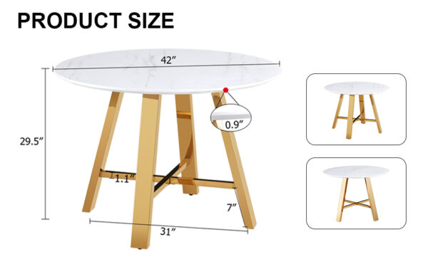 Modern minimalist white patterned circular dining table and coffee table. MDF desktop, diameter 42 inches, stainless steel metal legs, suitable for home and office use