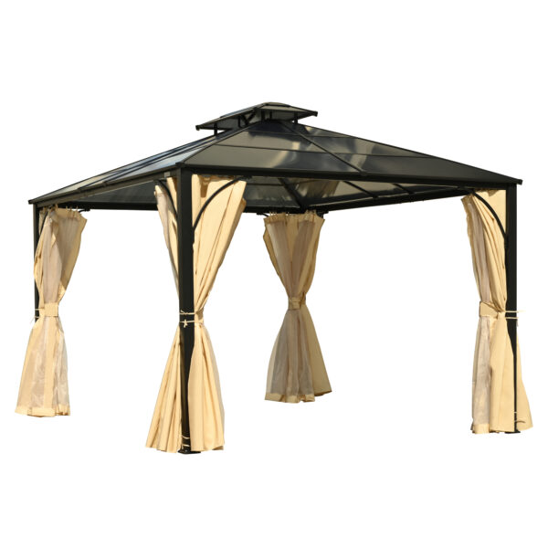 TREXM 10'x12' Hardtop Outdoor Gazebo, Heavy Duty Double Roof Patio Gazebo with Aluminum Frame, Double-Layer Side Walls Mosquito Netting & Privacy Curtains for Patio, Garden, Backyard (Beige)