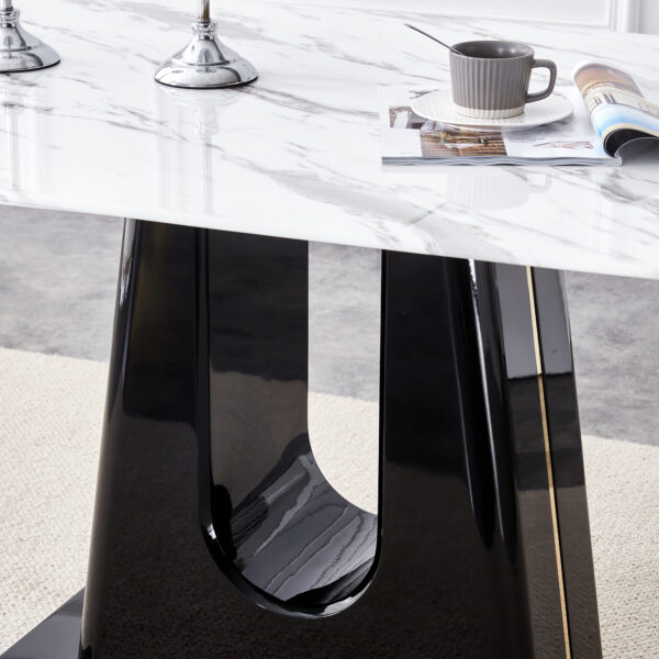 Table and chair set, modern and minimalist dining table, imitation marble patterned tabletop, MDF legs with U-shaped brackets. Paired with comfortable chairs, suitable for dining and living rooms.