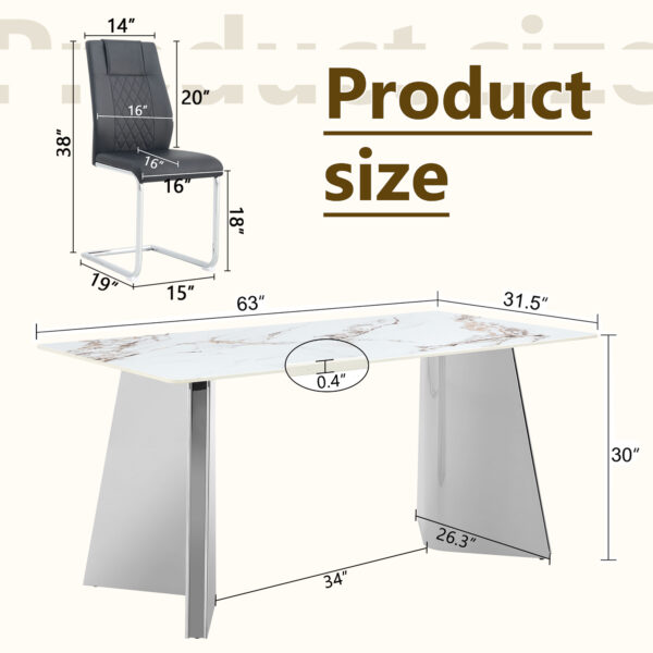 8c76a59b5bd54170b8f344da8bbc372b_efb246fdfd2aefb44524ce3a70fa5457 Table and chair set.63*31.4 Inch Luxurious Cold Jade Sintered Stone Dining Table Set - 6 Black High-quality PU Chairs With Arched Silver Metal Legs.Perfect For Dinner Room,Meeting Room,Kitchen,etc.
