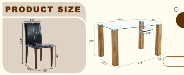 Table and chair set.A 49.6*30 Inch Transparent Tempered Glass Dining Table With Natural Wood Grain MDF Legs.Paired With 4 Black PU High Resilience Dining Chair with Walnut Color Metal Leg.