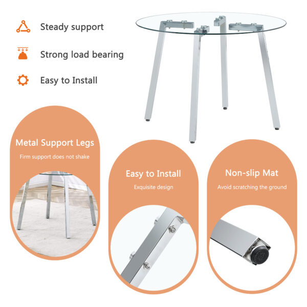 8cbe04bb4550454392f3ed43d35191fd_e279132468b457d989c07e0feaee7953 Table and chair set.Modern circular transparent tempered glass table, tempered glass tabletop, silver metal table legs.A Set of 4 Black PU Comfort Dining Chairs with extended backrest.