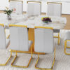Table and chair set.71"x35.4"x30" Luxurious Pandora Patterned Glass Dining Tabletop with Golden Back To Back C-Shaped MDF Legs.Paried With 8 Light Gray PU Chairs with golden C-tube metal leg.