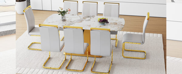 Table and chair set.71"x35.4"x30" Luxurious Pandora Patterned Glass Dining Tabletop with Golden Back To Back C-Shaped MDF Legs.Paried With 8 Light Gray PU Chairs with golden C-tube metal leg.