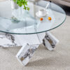 Round glass coffee table, 33.4 "modern design unique coffee table. Tempered glass countertop with white patterned MDF legs. Suitable for living and dining rooms
