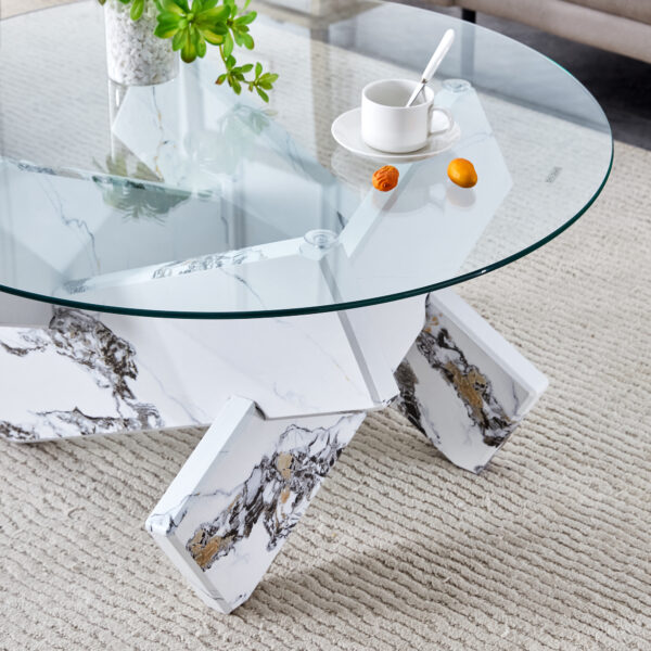 8cdcfb5289e64267b48e36f552af87d7_d01393cee2c3ddd4f21215c966df2eb0 Round glass coffee table, 33.4 "modern design unique coffee table. Tempered glass countertop with white patterned MDF legs. Suitable for living and dining rooms