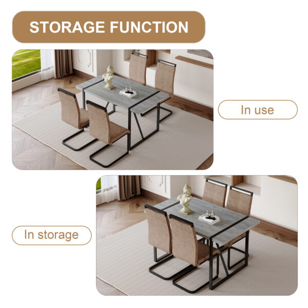 8ce9cc5f90914c74a1acf786e1c6275b_2e627aaef25dc3d968d65b3500abc31e Table and chair set. Modern minimalist grey marble textured MDF dining table with metal frame.Paired with 4 brown technology fabric chairs with Featuring arched black legs.