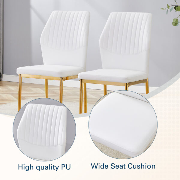 8d1de91e258840cbb7b06a39227b22fc_2735f56da542777cf22c84ade53015d2 Luxury Simple Chair - Set of 6 White PU Material High Resilience Dining Chair with Metal Gold Leg.The Chair Back Has a Vertical Stripe Design With Smooth And Uniform Lines.
