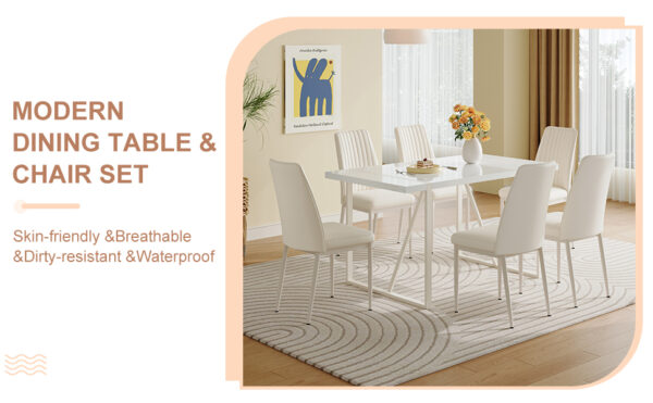 8d366d0b6aed45bbb75835f762aad3d0_2cd54fcfcaa3dd52f9e97e5a5bc6e928 55"x31.5"Cream-Style White MDF Dining Table Set with 6 Armless Chairs.The backrest of the dining chair is designed with multiple vertical stripes.Adding a warm atmosphere to your family.