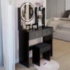 17" Round LED Mirror Vanity Table+Cushioned Stool, Equipped With 2 AC+2 USB Power Socket, Big Mirror, Touch Switch, 3 Colors, Adjustable Brightness, Large Desktop, Multi-layer High Capacity Storage