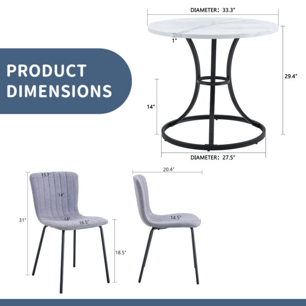 8d543a3ef73f4609915f8b522c7b62a7_98a57efaaab4daa4de05e6d7f612e7ef Table and chair set.A Modern Minimalist Circular Dining Table With A Diameter Of 33.3 Inches.Paired With 4 High Quality Light Gray Dining Chairs Made Of Linen Fabric.Iron pipe spraying Legs.