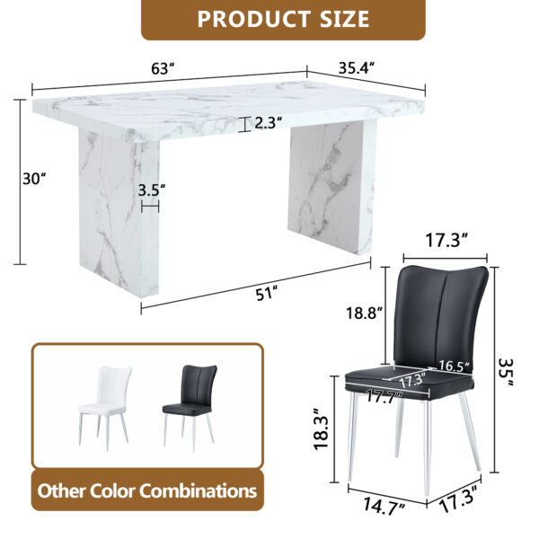 8d688f9dabae4b58b25b536e87478020_d6761b4e2d51821c40fb0de576247458 Table and chair set.63"*35.4" White Imitation Marble Pattern MDF Dining Table Set - 6 Black PU Chairs with a vertical stripe design on the backrest.Create Your Exclusive Low-Key Luxury Space.