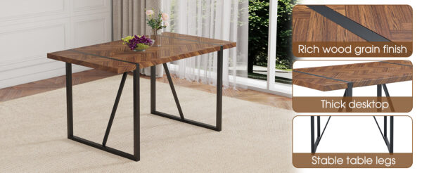 Table and chair set.A retro rectangular dining table with fishbone patterned MDF desktop and black metal legs.Paired With 4 Brown technology fabric chairs with Featuring arched black legs.