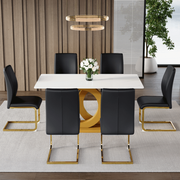 8d98f1438ea34175a2cc1b1c3b668b79_2687f814431662d0deb8160b714d0499 Table and chair set.Subtle Luxury Tempered Glass Dining Set - 63"x35.4" with 6 Black PU Material High Resilience Dining Chairs.Arched Metal Gold Leg.White imitation marble texture sticker Tabletop.