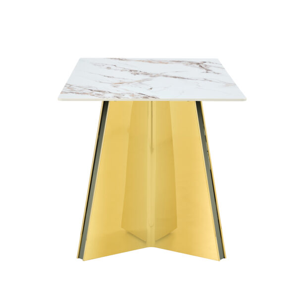 8db82b6a4ff0413893a4ba84422602d5_b0f3ab19e5681364b3fdf7f99bd05ab7 63"x31.5x30" Luxurious Cold Jade Slab Dining Table with Golden Stainless Steel Butterfly Legs.The tabletop is designed to be scratch and heat resistant.Slabs Tabletop,Golden Stainless Steels Legs.