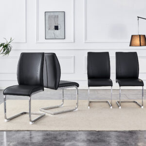 Luxury Simple Arch Chair - Set of 4 Black PU Material High Resilience Dining Chair with Arched Metal Silver Leg.