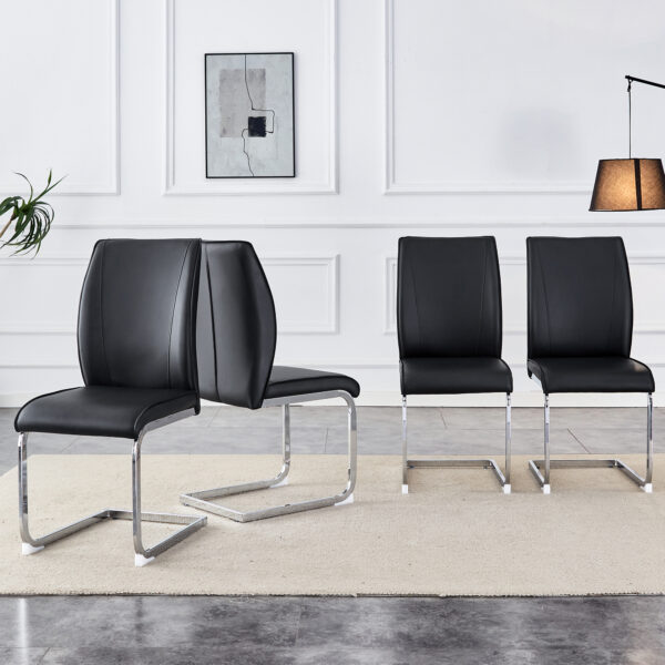 8ddf9fbf070848b99e9ce6c0d4c0bf63_faecfaf81de130d38d5dbf8f8fc3145d Luxury Simple Arch Chair - Set of 4 Black PU Material High Resilience Dining Chair with Arched Metal Silver Leg.