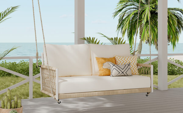 TREXM 1-Piece Woven Rope Outdoor Swing Sofa with Soft Cushions Seating 2 for Patio, Courtyard and Balcony (Beige)