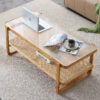 Modern simple rectangle double-layer solid wood Glass desktop tea table rattan woven Chinese side table small rectangle table suitable for living room, dining room and bedroom