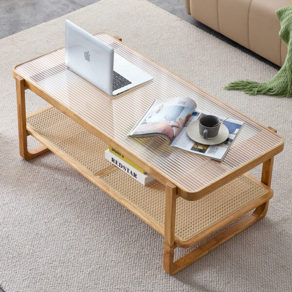 8e16fa5958c84d81b73fc0c850e9afdb_20231214_1ae0c4c059986a57bfb38e0fe9e59482 Modern simple rectangle double-layer solid wood Glass desktop tea table rattan woven Chinese side table small rectangle table suitable for living room, dining room and bedroom