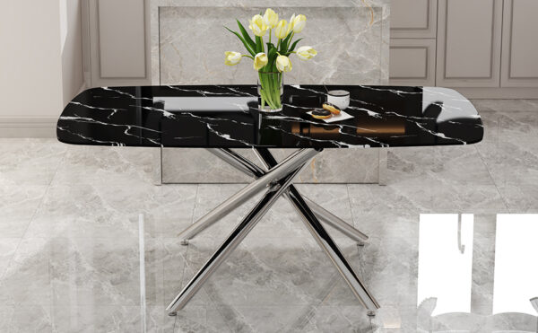 8e1d7ae61a0947ad9e1e10eb0b43c6ee_2139911300bd063a3615766962018136 Large modern minimalist rectangular dining table with 0.39 "imitation marble black tabletop and silver metal legs, suitable for kitchen, dining room, living room, conference room.W1151S00985