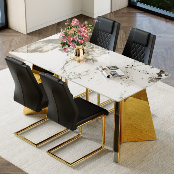 8e24c6bc8a954b16a53d4389dd4c857b_be4c77f643bed6094b9cb829c07fcbaf Table and chair set.63"x31.5x30" Luxurious Pandora patterned Sintered Stone Tabletop with Golden Stainless Steel Butterfly Legs.Paried With 4 Black High-quality PU Chairs With Arched Metal Legs.